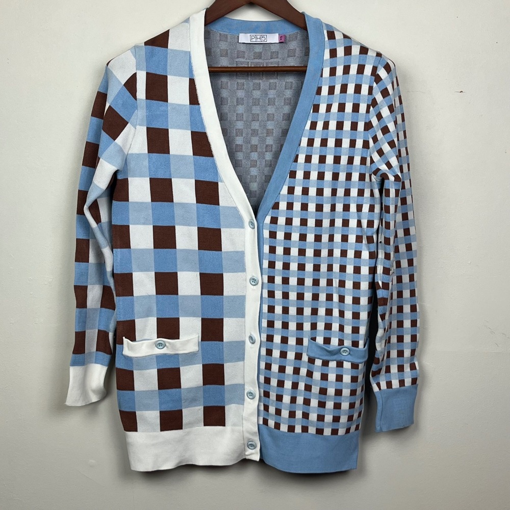 PH5 Women Blue Brown Gingham Checkerboard Longline Cardigan Sweater XS